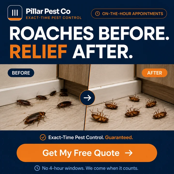 Before and after: roaches along a kitchen baseboard, then a clean floor.