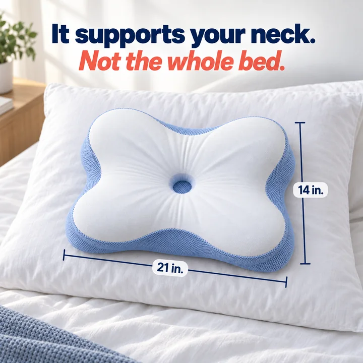 A neck pillow on a bed pillow, 21 by 14 inches: It supports your neck. Not the whole bed.